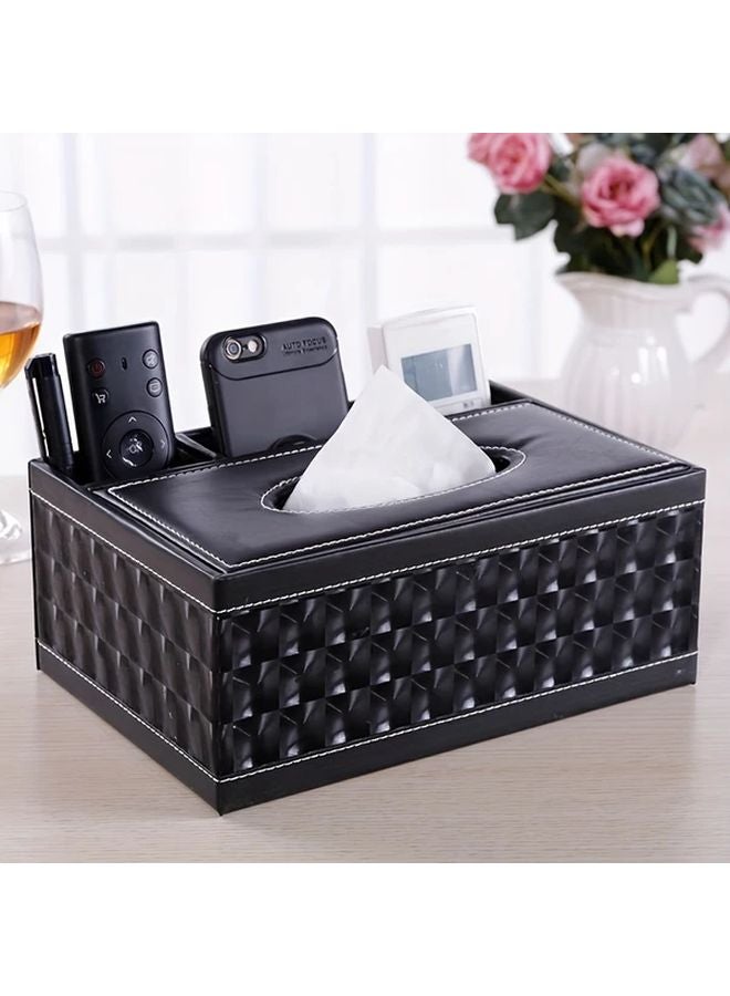 Black Faux Leather Tissue Box Organizer With Remote And Phone Holder - Image 1